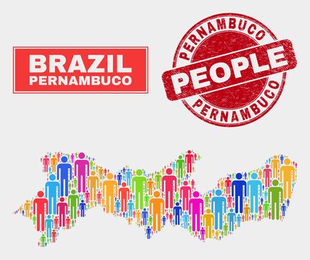 Demographic Pernambuco State map illustration. People bright mosaic Pernambuco State map of guys, and red rounded unclean seal. Vector composition for population mass plan.のイラスト素材