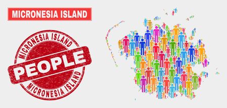 Demographic Micronesia island map illustration. People color mosaic Micronesia island map of humans, and red rounded scratched watermark. Vector combination for national mass plan.のイラスト素材