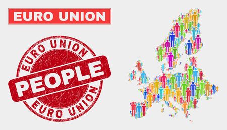 Demographic Euro Union map illustration. People colorful mosaic Euro Union map of humans, and red round scratched watermark. Vector collage for national public presentation.のイラスト素材