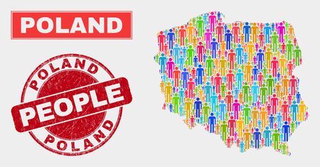 Demographic Poland map abstraction. People bright mosaic Poland map of men, and red round corroded watermark. Vector composition for national mass report.のイラスト素材