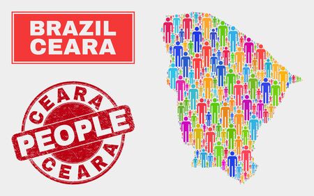 Demographic Ceara state map abstraction. People bright mosaic Ceara state map of humans, and red rounded grunge seal. Vector collage for nation group report.のイラスト素材