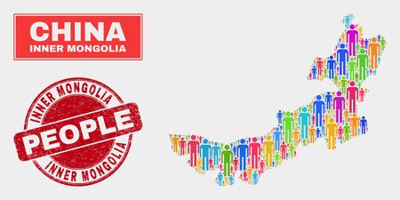 Demographic Inner Mongolia map illustration. People colorful mosaic Inner Mongolia map of guys, and red round dirty watermark. Vector composition for population audience plan.のイラスト素材