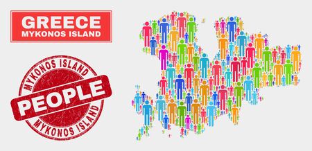 Demographic Mykonos Island map abstraction. People colorful mosaic Mykonos Island map of persons, and red rounded scratched stamp seal. Vector composition for nation group representation.のイラスト素材