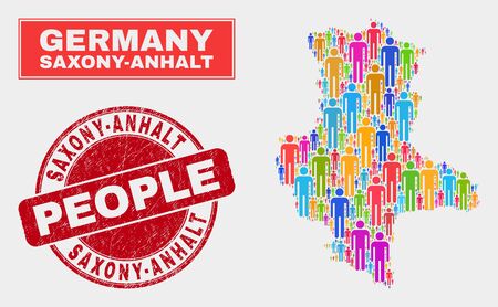 Demographic Saxony-Anhalt Land map illustration. People colorful mosaic Saxony-Anhalt Land map of guys, and red rounded grunge seal. Vector collage for nation group report.のイラスト素材