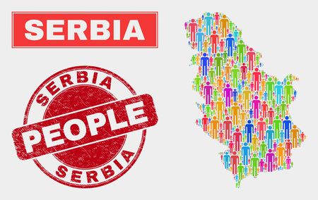 Demographic Serbia map illustration. People colorful mosaic Serbia map of men, and red round textured stamp seal. Vector combination for national group presentation.のイラスト素材