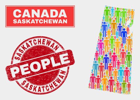 Demographic Saskatchewan Province map illustration. People bright mosaic Saskatchewan Province map of persons, and red rounded scratched seal. Vector collage for national audience presentation.のイラスト素材
