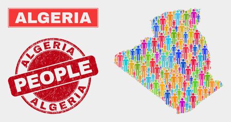 Demographic Algeria map abstraction. People color mosaic Algeria map of guys, and red rounded scratched watermark. Vector composition for national audience representation.のイラスト素材