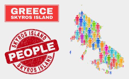 Demographic Skyros Island map illustration. People colorful mosaic Skyros Island map of crowd, and red round scratched seal. Vector collage for nation community representation.のイラスト素材