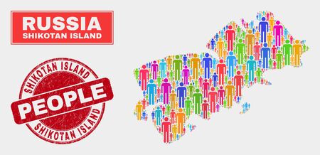 Demographic Shikotan Island map abstraction. People bright mosaic Shikotan Island map of guys, and red round rubber stamp seal. Vector composition for population group representation.のイラスト素材