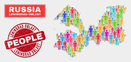 Demographic Leningrad Region map illustration. People color mosaic Leningrad Region map of men, and red round dirty seal. Vector combination for population audience representation.のイラスト素材