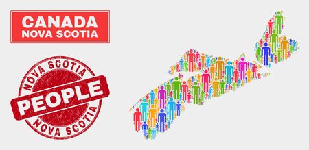 Demographic Nova Scotia Province map illustration. People bright mosaic Nova Scotia Province map of humans, and red rounded unclean seal. Vector combination for nation community representation.のイラスト素材