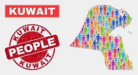 Demographic Kuwait map abstraction. People color mosaic Kuwait map of crowd, and red round corroded seal. Vector composition for nation mass presentation.のイラスト素材