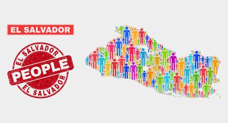 Demographic El Salvador map abstraction. People color mosaic El Salvador map of guys, and red rounded scratched stamp. Vector composition for nation audience report.のイラスト素材