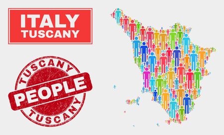 Demographic Tuscany region map illustration. People color mosaic Tuscany region map of men, and red rounded dirty stamp. Vector composition for nation group representation.のイラスト素材