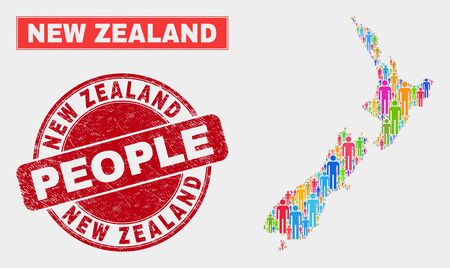 Demographic New Zealand map illustration. People color mosaic New Zealand map of guys, and red round rubber watermark. Vector combination for national audience plan.のイラスト素材