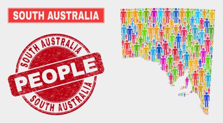 Demographic South Australia map illustration. People bright mosaic South Australia map of persons, and red rounded dirty stamp seal. Vector combination for population community report.のイラスト素材