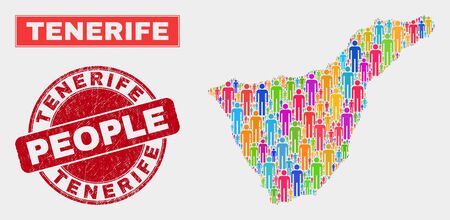 Demographic Tenerife map illustration. People color mosaic Tenerife map of guys, and red rounded corroded stamp. Vector combination for national public report.のイラスト素材