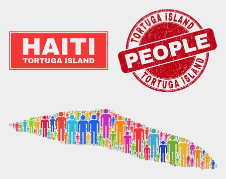 Demographic Tortuga Island of Haiti map illustration. People bright mosaic Tortuga Island of Haiti map of guys, and red round unclean stamp seal. Vector composition for population audience report.のイラスト素材