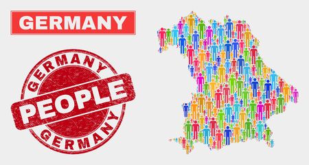 Demographic Germany map illustration. People bright mosaic Germany map of crowd, and red rounded grunge stamp. Vector collage for national mass representation.のイラスト素材