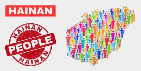 Demographic Hainan map abstraction. People bright mosaic Hainan map of persons, and red round unclean stamp. Vector composition for national mass report.のイラスト素材