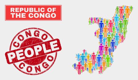 Demographic Republic of the Congo map illustration. People bright mosaic Republic of the Congo map of guys, and red round unclean stamp. Vector composition for nation audience plan.のイラスト素材