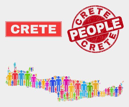 Demographic Crete map abstraction. People bright mosaic Crete map of men, and red round textured stamp seal. Vector composition for population public presentation.のイラスト素材