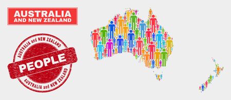 Demographic Australia and New Zealand map abstraction. People bright mosaic Australia and New Zealand map of crowd, and red round grunge seal. Vector combination for population community presentation.のイラスト素材