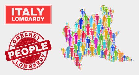 Demographic Lombardy region map illustration. People bright mosaic Lombardy region map of humans, and red rounded textured stamp. Vector composition for population mass presentation.のイラスト素材