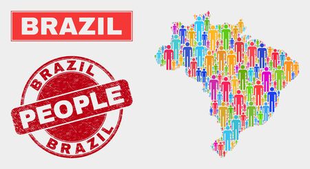 Demographic Brazil map abstraction. People color mosaic Brazil map of guys, and red rounded grunge watermark. Vector combination for national community representation.のイラスト素材