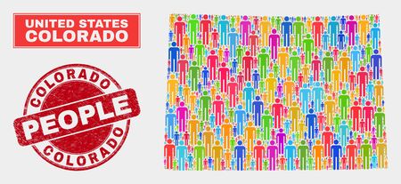 Demographic Colorado State map abstraction. People bright mosaic Colorado State map of persons, and red rounded grunge watermark. Vector composition for nation mass report.のイラスト素材
