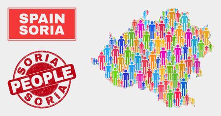 Demographic Soria Province map abstraction. People colorful mosaic Soria Province map of humans, and red rounded corroded seal. Vector collage for national group representation.のイラスト素材
