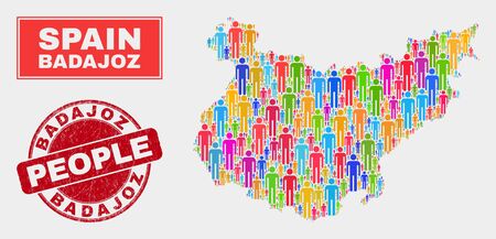 Demographic Badajoz Province map abstraction. People colorful mosaic Badajoz Province map of guys, and red rounded corroded watermark. Vector composition for nation mass representation.のイラスト素材