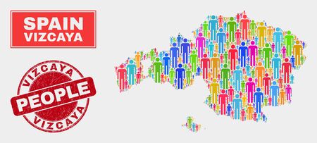 Demographic Vizcaya Province map abstraction. People color mosaic Vizcaya Province map of persons, and red rounded textured stamp seal. Vector composition for nation community representation.のイラスト素材
