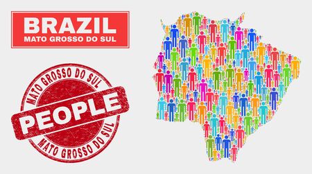 Demographic Mato Grosso do Sul State map abstraction. People colorful mosaic Mato Grosso do Sul State map of guys, and red round scratched stamp. Vector composition for population community plan.のイラスト素材