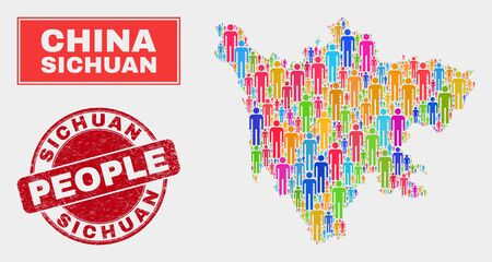 Demographic Sichuan Province map abstraction. People bright mosaic Sichuan Province map of crowd, and red rounded grunge stamp. Vector combination for national public plan.のイラスト素材
