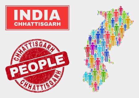 Demographic Chhattisgarh State map abstraction. People bright mosaic Chhattisgarh State map of guys, and red rounded scratched stamp. Vector composition for population group report.のイラスト素材