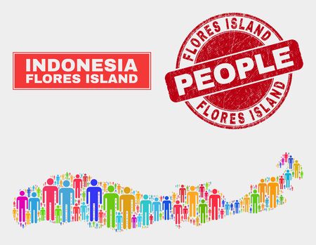 Demographic Flores Island of Indonesia map illustration. People bright mosaic Flores Island of Indonesia map of persons, and red rounded grunge seal. Vector collage for population audience plan.のイラスト素材
