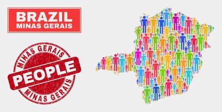Demographic Minas Gerais State map illustration. People bright mosaic Minas Gerais State map of humans, and red round textured stamp. Vector combination for population group presentation.のイラスト素材
