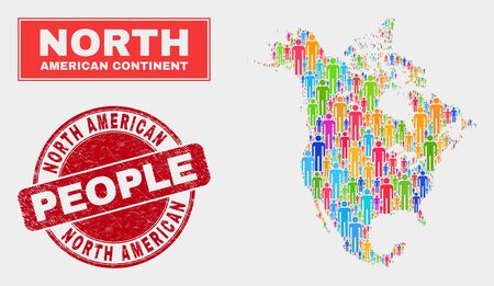 Demographic North America v2 map abstraction. People bright mosaic North America v2 map of humans, and red rounded textured stamp seal. Vector composition for population mass plan.のイラスト素材