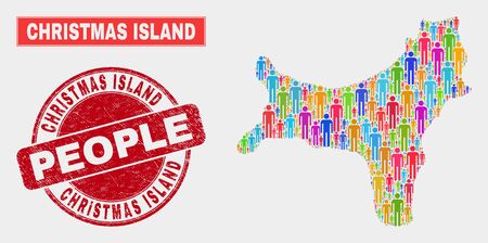 Demographic Christmas Island map abstraction. People bright mosaic Christmas Island map of guys, and red round rubber stamp seal. Vector composition for population audience report.のイラスト素材