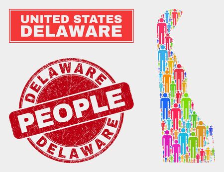Demographic Delaware State map abstraction. People colorful mosaic Delaware State map of crowd, and red round grunge stamp seal. Vector composition for nation community presentation.のイラスト素材