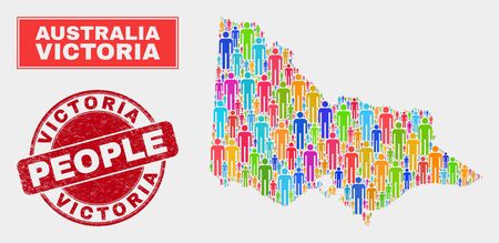 Demographic Australian Victoria map illustration. People color mosaic Australian Victoria map of men, and red round dirty watermark. Vector collage for population public report.のイラスト素材