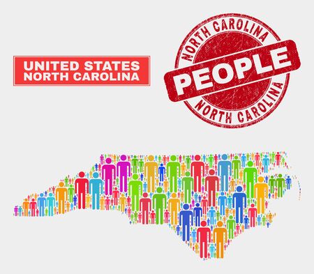 Demographic North Carolina State map abstraction. People colorful mosaic North Carolina State map of crowd, and red rounded dirty seal. Vector combination for population mass representation.のイラスト素材