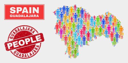 Demographic Guadalajara Province map illustration. People colorful mosaic Guadalajara Province map of men, and red round dirty watermark. Vector collage for population group plan.のイラスト素材