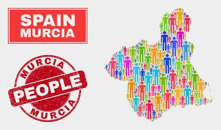 Demographic Murcia Province map illustration. People bright mosaic Murcia Province map of crowd, and red round textured stamp. Vector combination for population mass representation.のイラスト素材