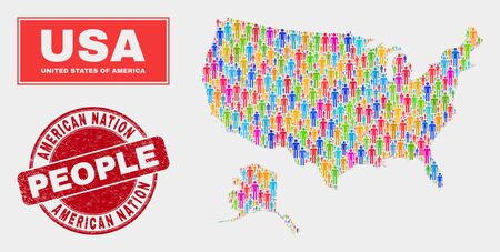 Demographic USA with Alaska map abstraction. People color mosaic USA with Alaska map of persons, and red round dirty stamp. Vector collage for nation public representation.のイラスト素材