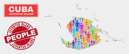 Demographic Juventud Island map abstraction. People color mosaic Juventud Island map of humans, and red rounded textured stamp seal. Vector composition for nation audience report.のイラスト素材