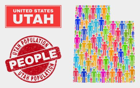 Demographic Utah State map abstraction. People bright mosaic Utah State map of persons, and red round unclean seal. Vector combination for national public report.のイラスト素材