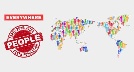 Demographic world map illustration. People bright mosaic world map of guys, and red rounded grunge stamp seal. Vector composition for national mass plan.のイラスト素材