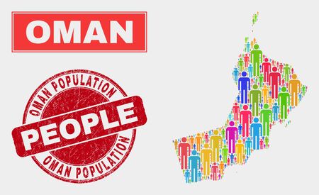 Demographic Oman map abstraction. People bright mosaic Oman map of guys, and red rounded scratched stamp seal. Vector combination for population community representation.のイラスト素材